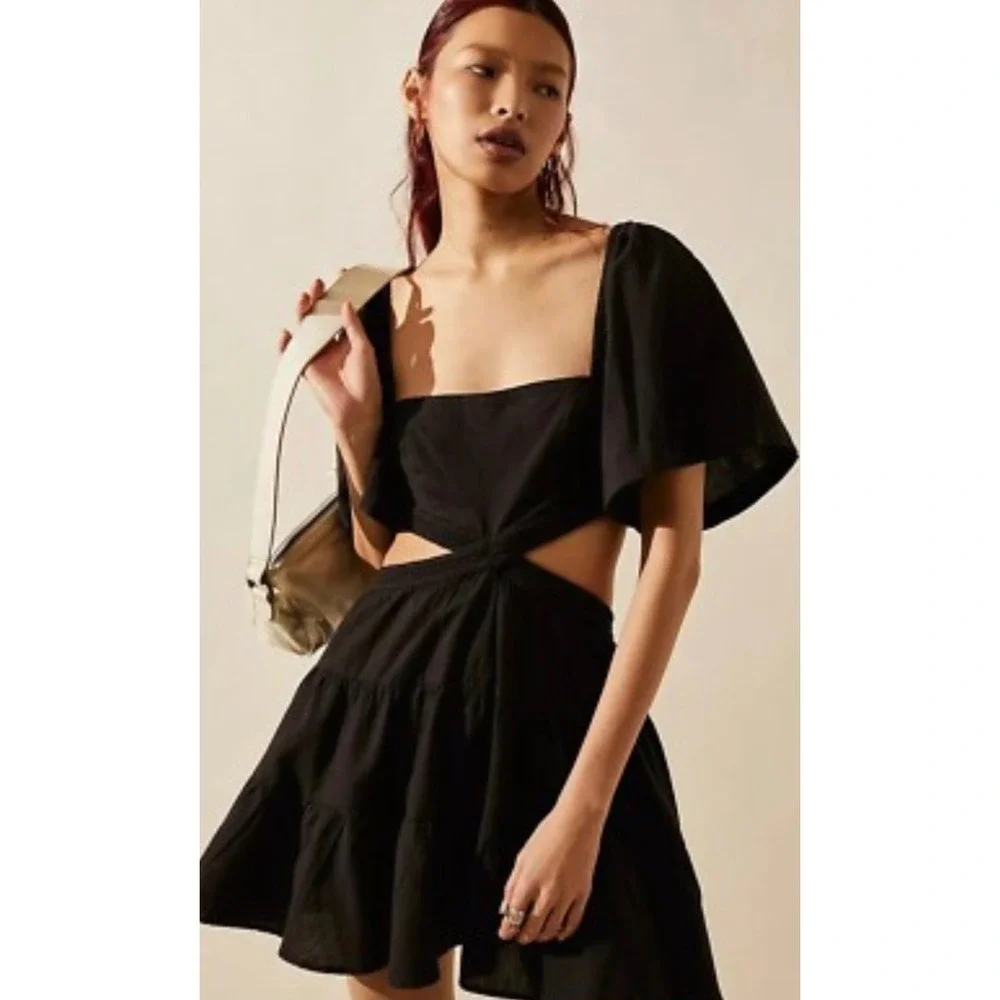 Free People Cross of Sunlight Cutout Mini Dress Women SM Black‎ Flutter Sleeve